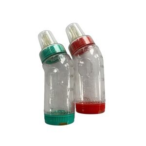 Vintage Playtex Avance 6 Oz Red Green Curved Nurser Baby Bottles & Lids Set of 2